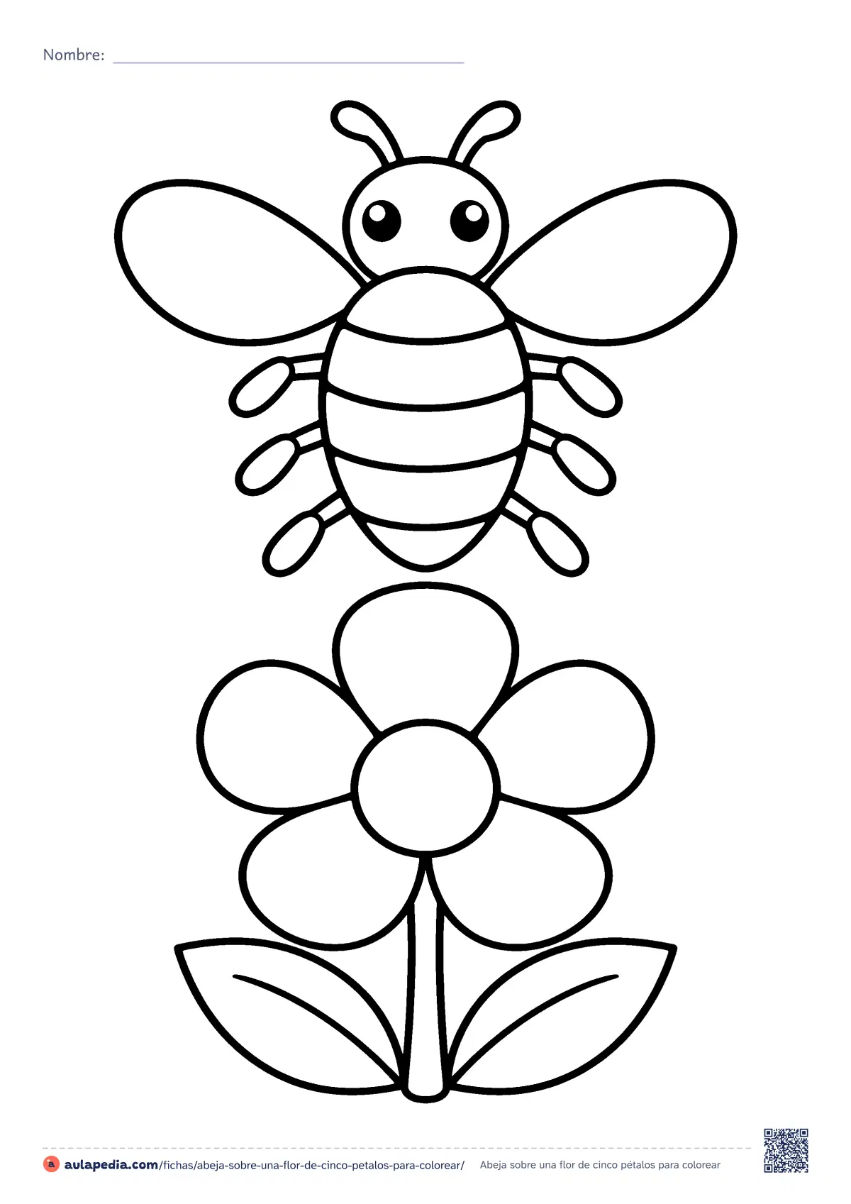 Primera página de la ficha «Abeja sobre una flor de cinco pétalos»: abeja vista desde arriba, con seis patas, dos antenas y el cuerpo a rayas, sobre una flor de cinco pétalos. Dibujo fácil para contar.