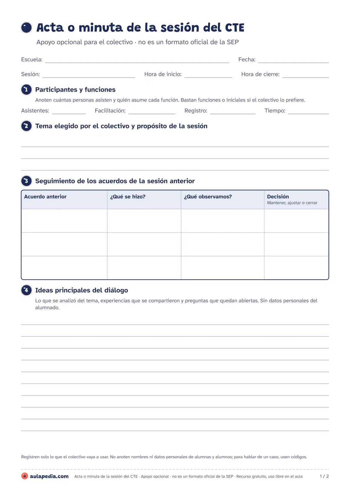 Primera página de la ficha «Acta o minuta del CTE»: participantes, tema, seguimiento, acuerdos y pendientes. Apoyo opcional. Incluye 1.ª sesión: 25 de septiembre de 2026, 2.ª sesión: 30 de octubre de 2026, 3.ª sesión: 27 de noviembre de 2026, 4.ª sesión: 29…