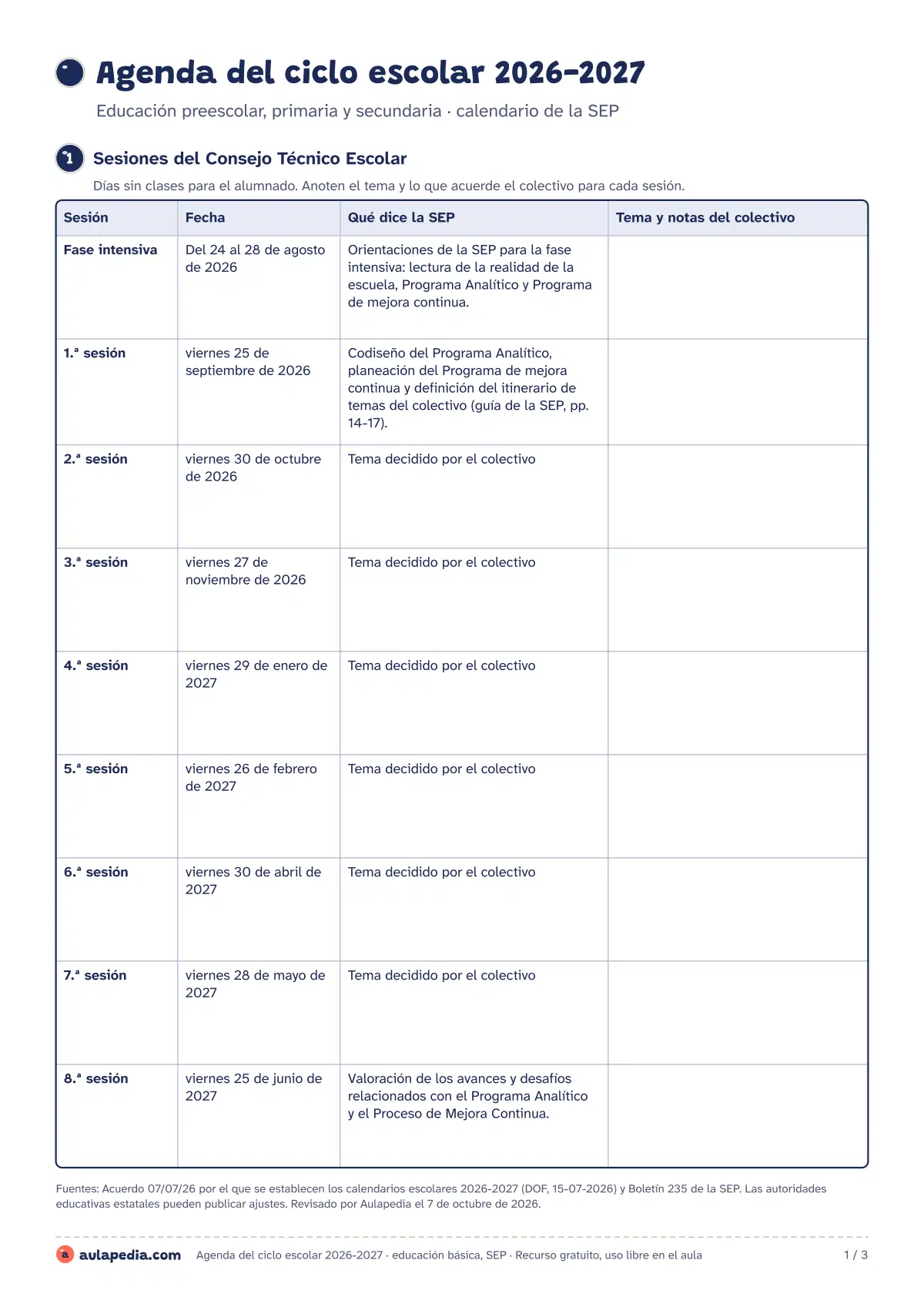 Primera página de la ficha «Agenda del ciclo 2026-2027 (SEP)»: las 8 sesiones del CTE, la fase intensiva, el registro de calificaciones, las suspensiones y las vacaciones del ciclo 2026-2027 de la SEP.