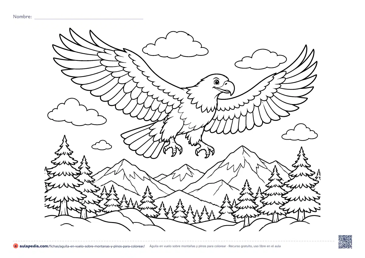 Primera página de la ficha «Águila en vuelo sobre montañas y pinos»: un águila planea con las alas abiertas sobre montañas nevadas y un valle de pinos, entre nubes. Hoja apaisada de dificultad media.
