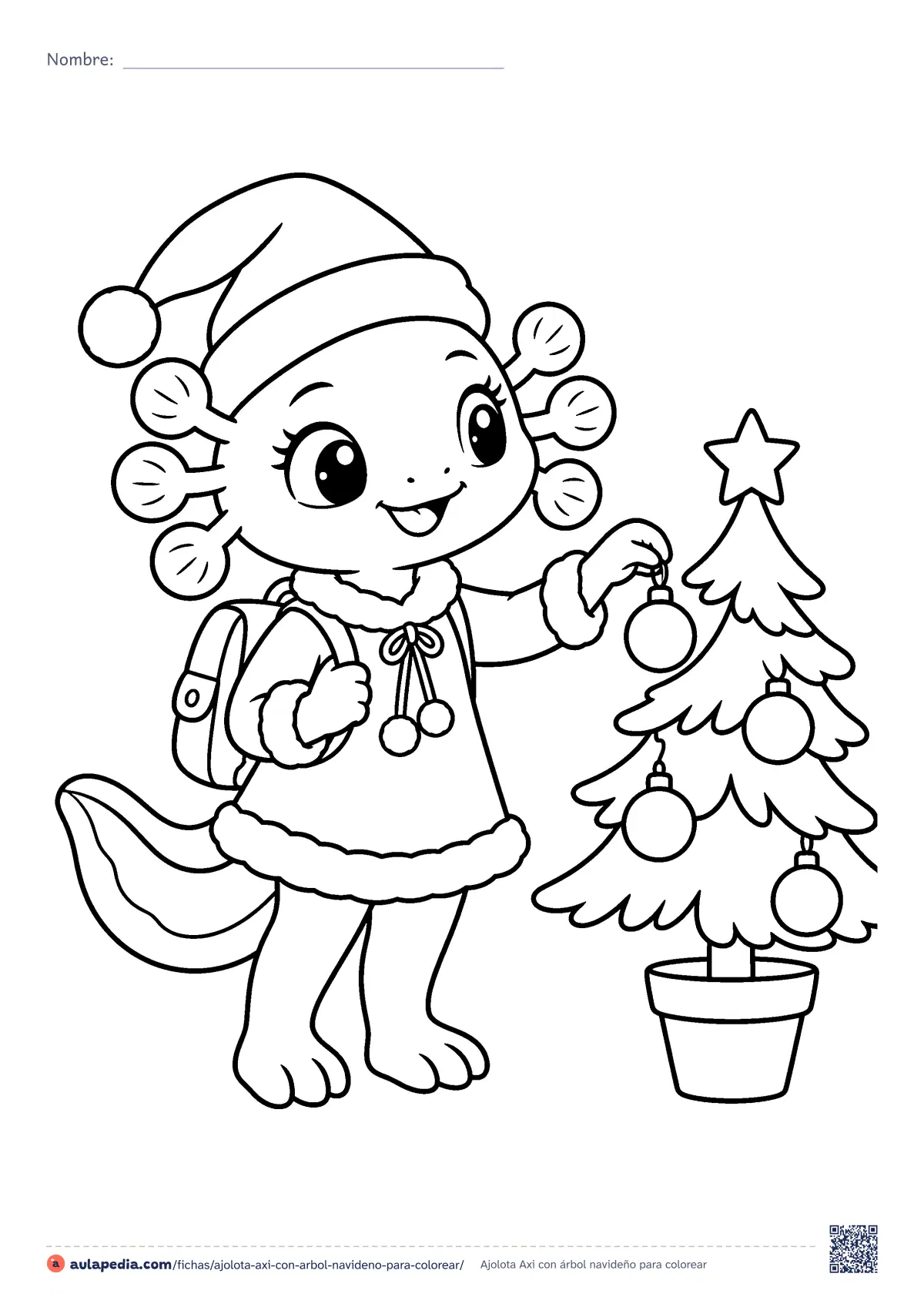 Primera página de la ficha «Ajolota Axi con árbol navideño»: axi, la ajolota de Aulapedia, con gorro navideño y mochila, cuelga una bola en un arbolito en maceta. Fácil, para.