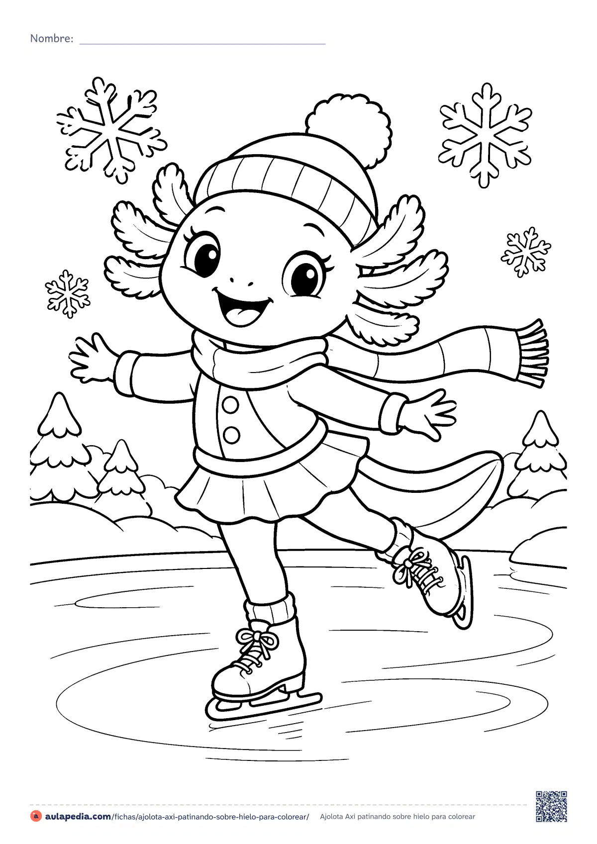 Primera página de la ficha «Ajolota Axi patinando sobre hielo»: axi, la ajolota de Aulapedia, patina en un estanque helado con gorro, bufanda al viento y patines con lazo. Nivel medio.