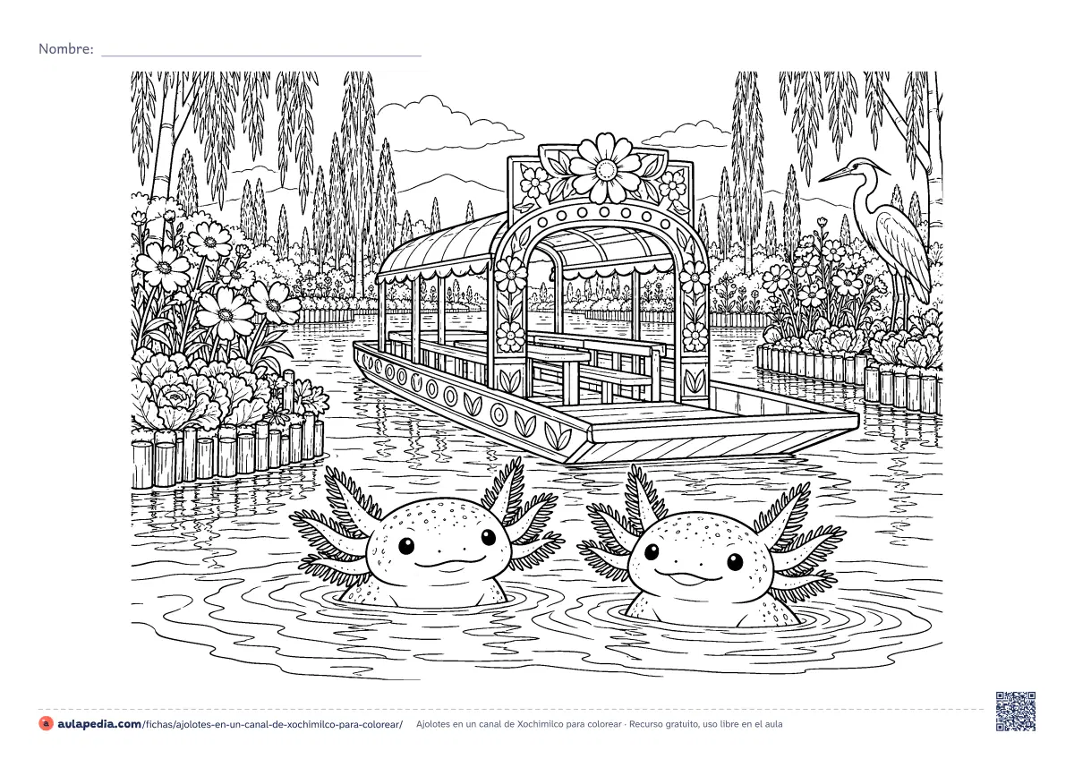 Primera página de la ficha «Ajolotes en un canal de Xochimilco»: un canal de Xochimilco con una trajinera adornada de flores, dos ajolotes que asoman del agua, chinampas, árboles altos y una garza. Dibujo detallado.
