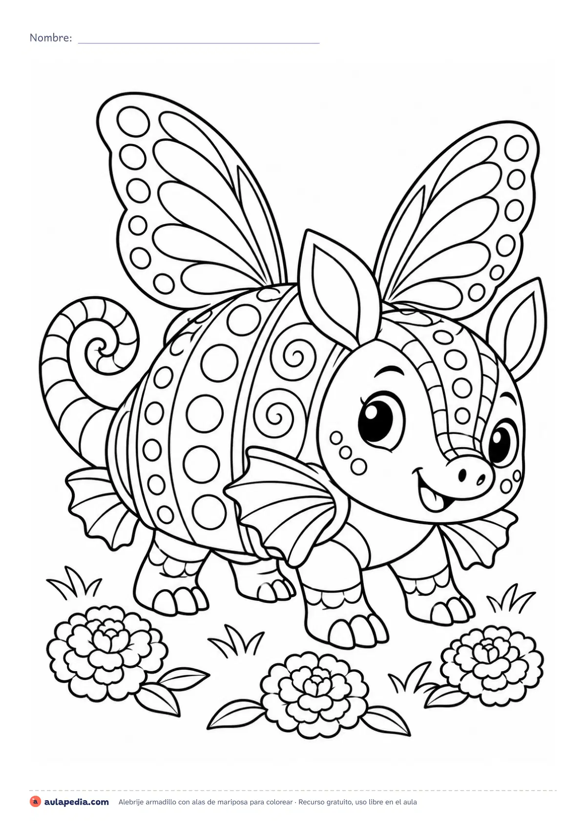 Primera página de la ficha «Alebrije armadillo con alas de mariposa»: armadillo redondo con aletas, cola rizada y alas de mariposa para colorear. Lámina de Día de Muertos, nivel medio.