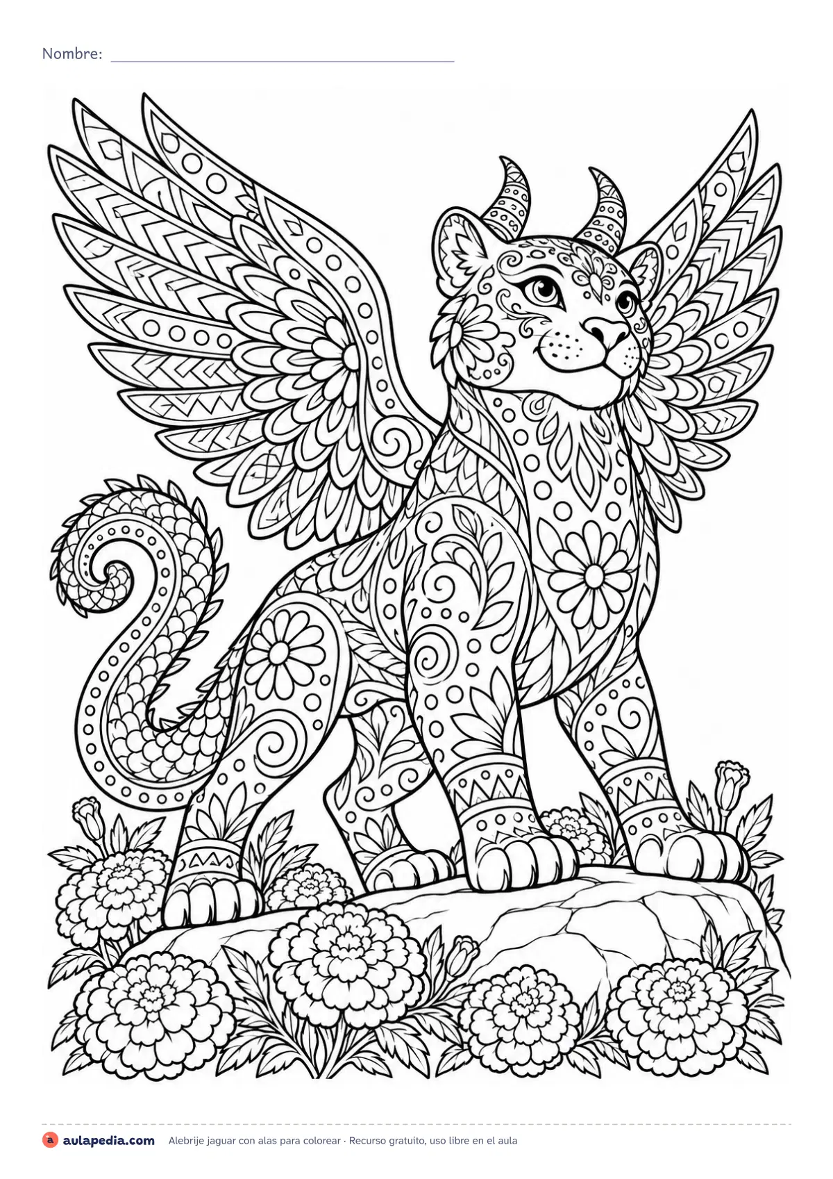 Primera página de la ficha «Alebrije jaguar con alas»: alebrije inventado con cuerpo de jaguar, alas, cuernos y cola de lagarto, lleno de espirales y puntos. Lámina detallada para colorear.