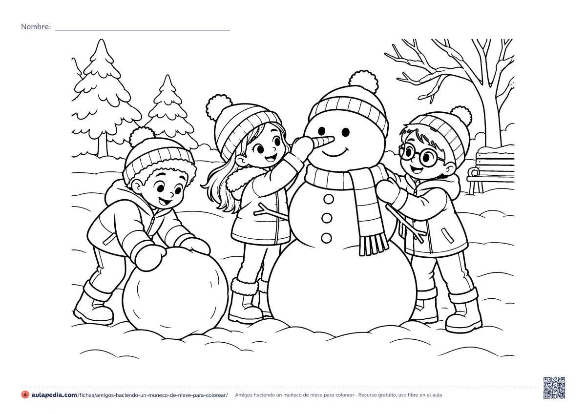 Primera página de la ficha «Amigos haciendo un muñeco de nieve»: uno rueda una bola, otra pone la nariz y otro, la bufanda. Imprimible.