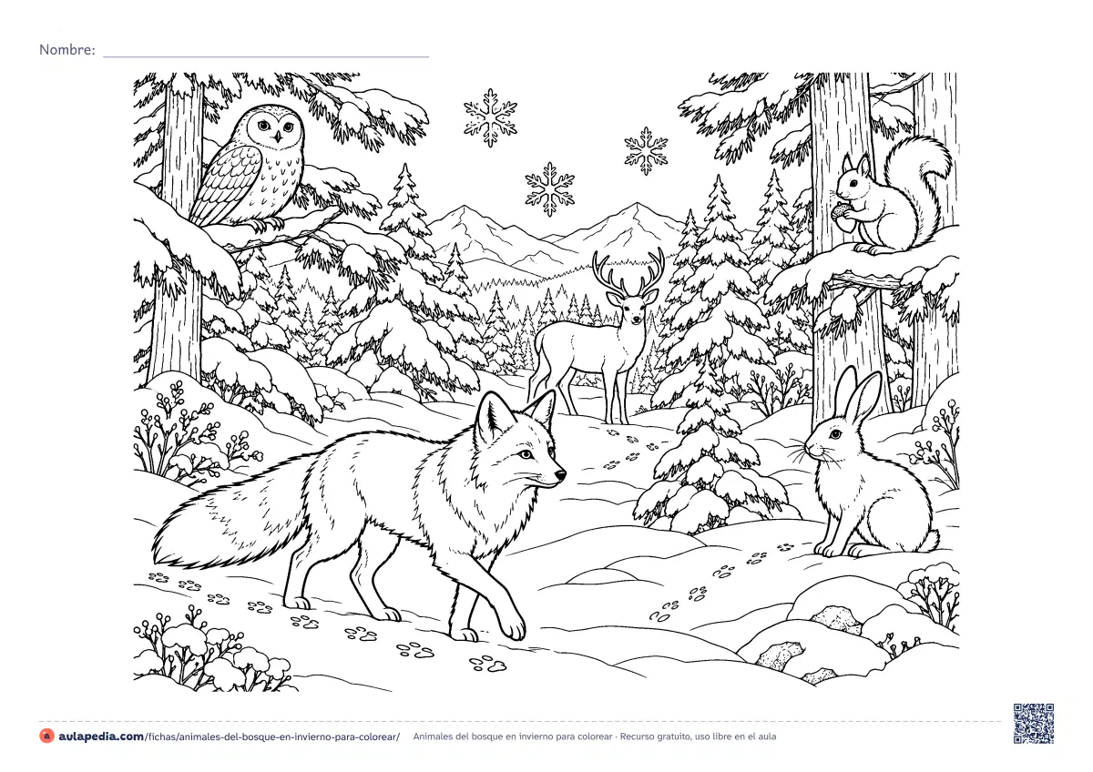 Primera página de la ficha «Animales del bosque en invierno»: bosque nevado con zorro, liebre, búho, ciervo y ardilla con bellota, huellas en la nieve y copos. Lámina detallada.