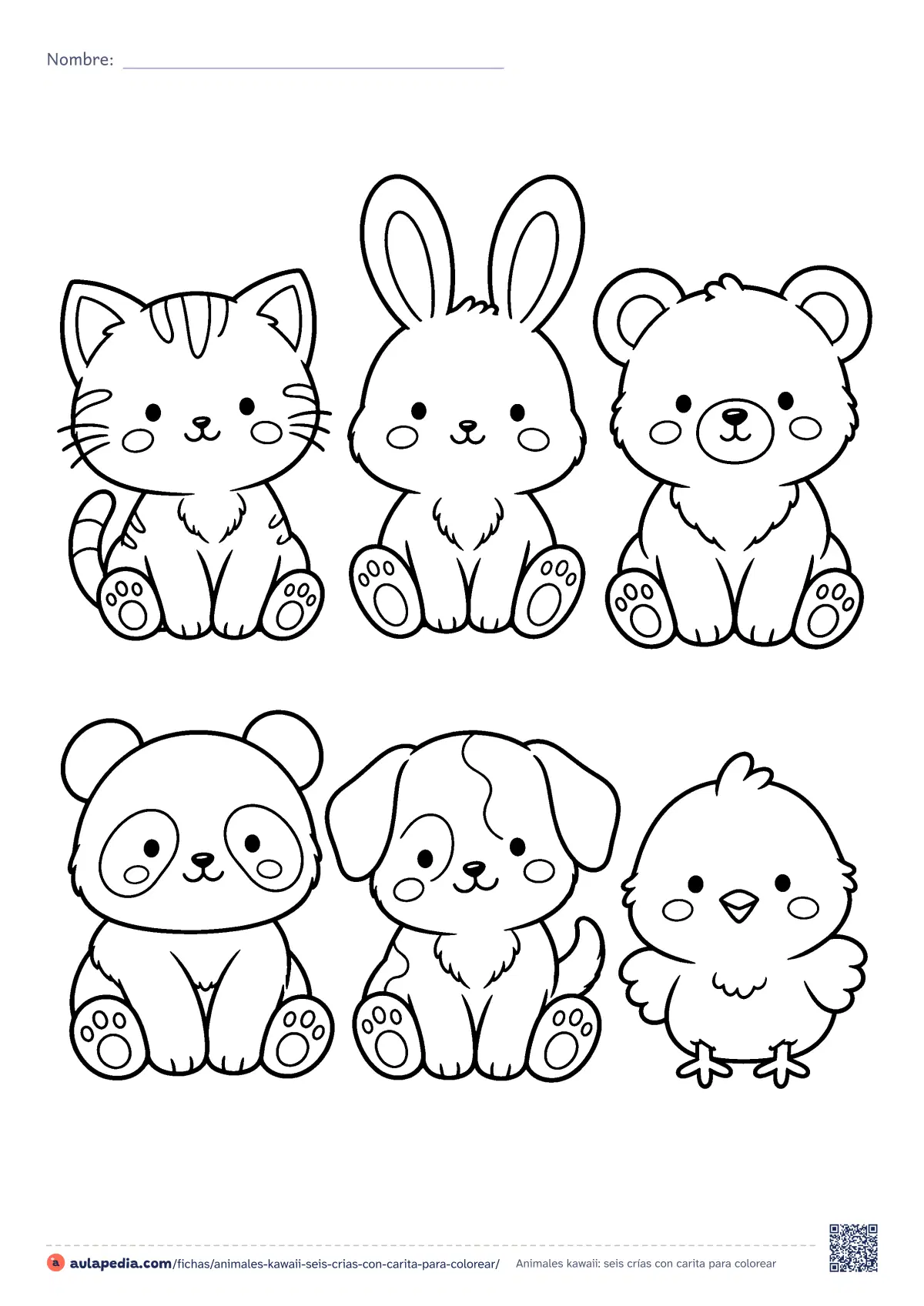 Primera página de la ficha «Animales kawaii: seis crías con carita»: gatito, conejito, osezno, panda, perrito y pollito. Dibujo de dificultad media para colorear, recortar y jugar.