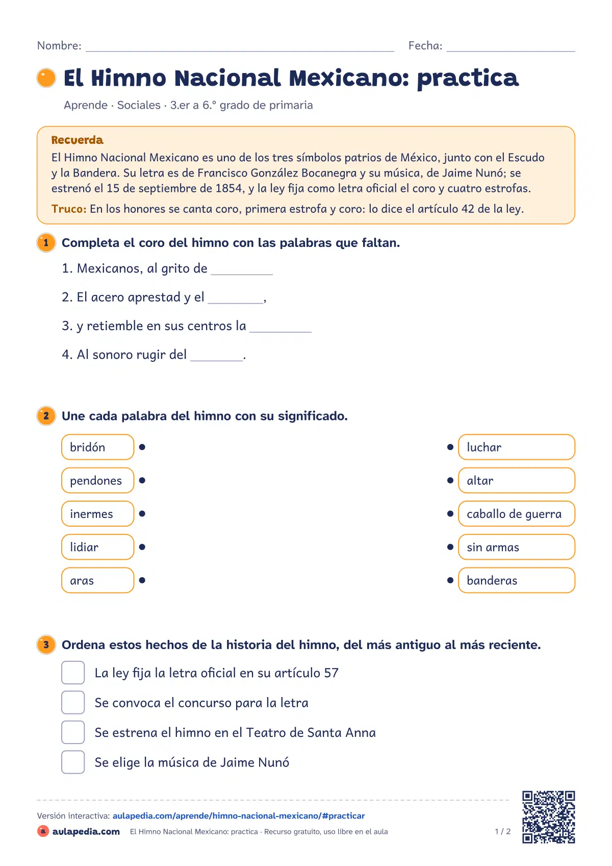 Primera página de la ficha «El Himno Nacional Mexicano: practica»: letra oficial completa del Himno Nacional Mexicano (coro y cuatro estrofas) según la ley, quién la escribió, cuándo se canta y una hoja.