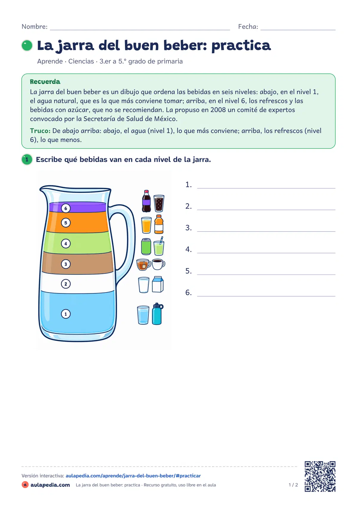 Primera página de la ficha «La jarra del buen beber: practica»: sus 6 niveles de bebidas, cuántos vasos de agua tomar según las guías de 2025, dibujo para colorear y ficha.