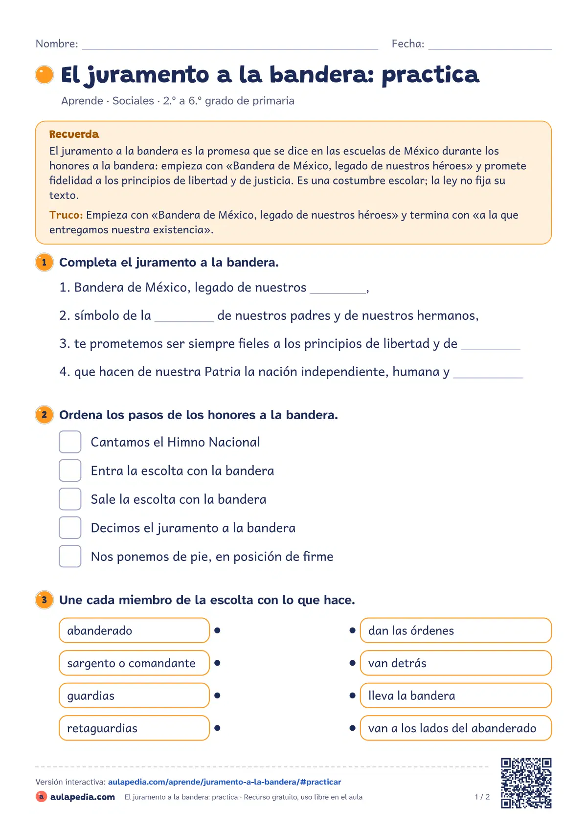 Primera página de la ficha «El juramento a la bandera: practica»: letra completa del juramento a la bandera de México, cómo se dice, el saludo civil y los honores paso a paso según la ley, con cartel.