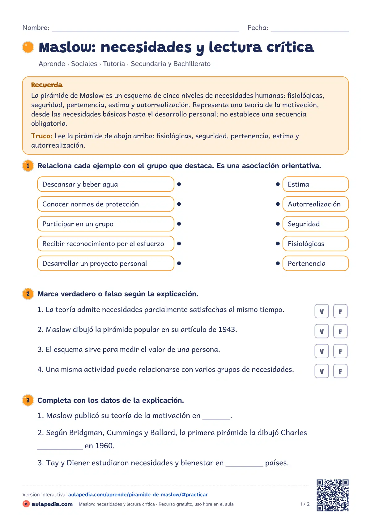 Primera página de la ficha «Maslow: necesidades y lectura crítica»: los cinco niveles de Maslow, con ejemplos, límites del modelo y fuentes. Lámina y ficha de tutoría.