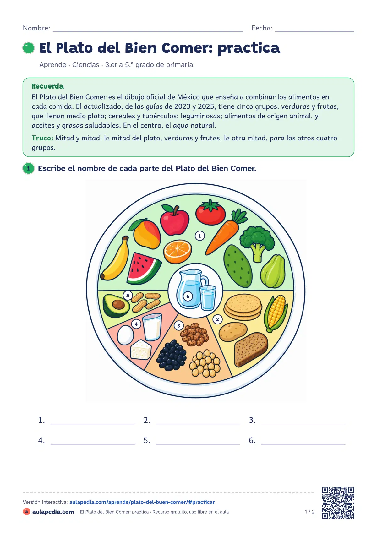 Primera página de la ficha «El Plato del Bien Comer: practica»: los 5 grupos con ejemplos, el agua al centro, dibujo para colorear, recortable y ficha.