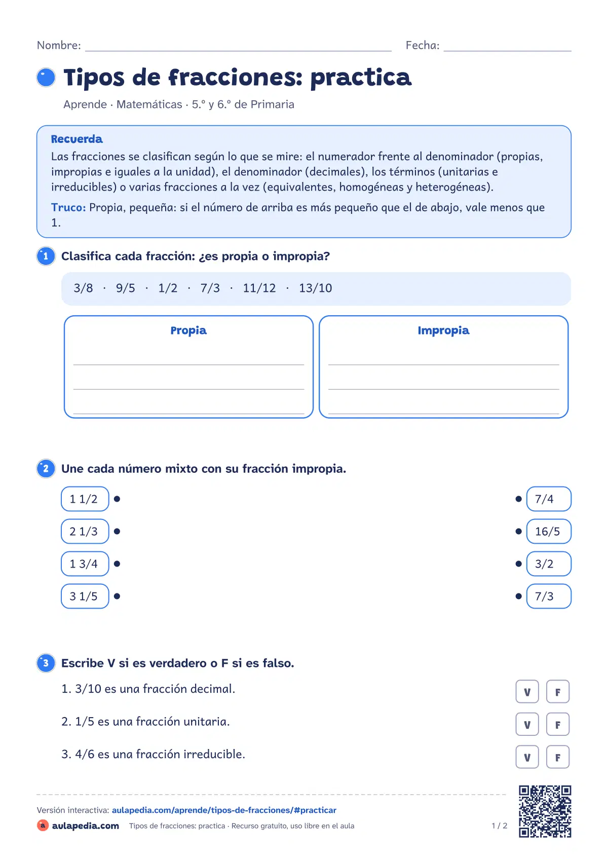 Primera página de la ficha «Tipos de fracciones: practica»: propias, impropias, mixtas, equivalentes, irreducibles, decimales, unitarias, homogéneas y heterogéneas. Con ficha.
