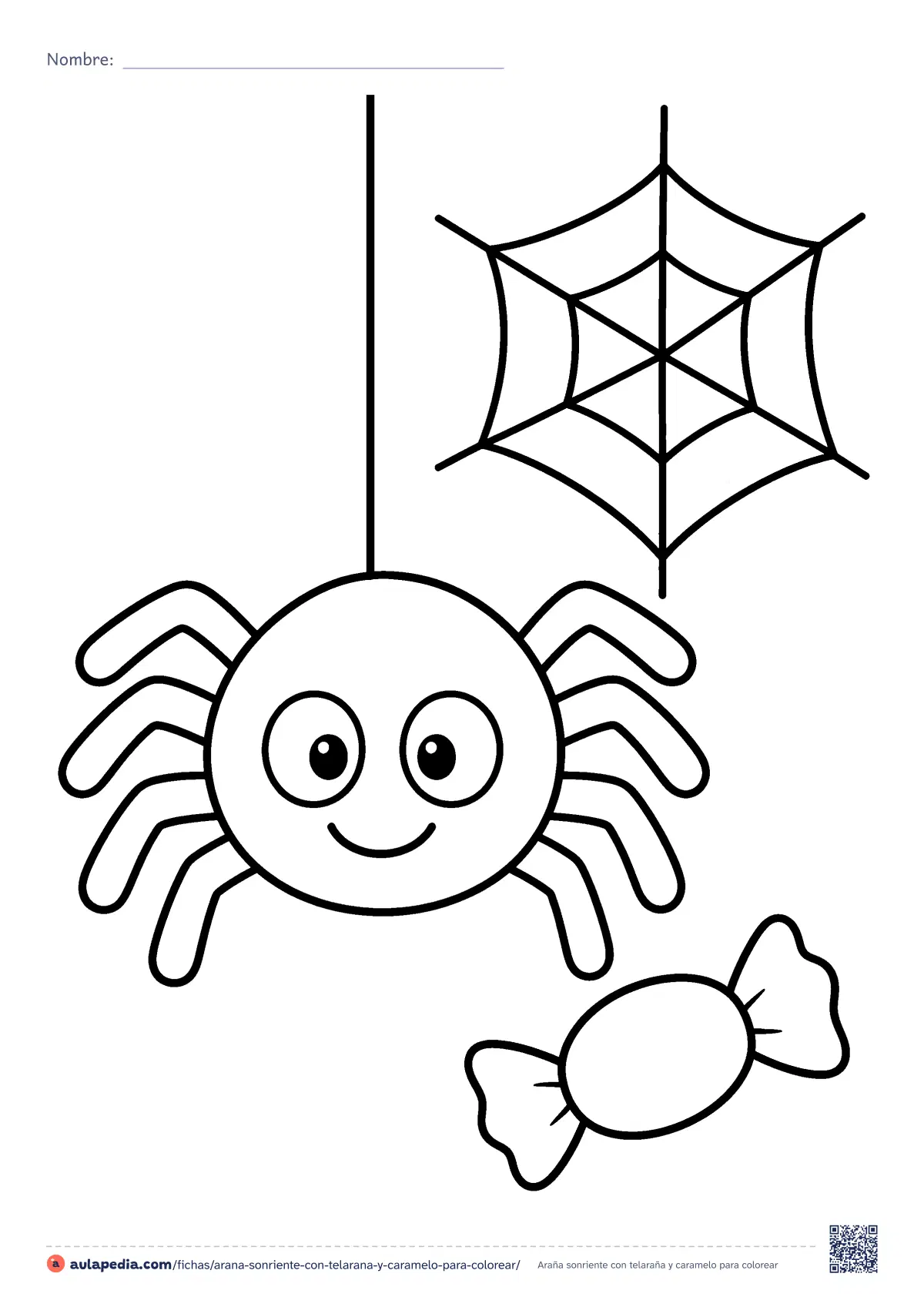 Primera página de la ficha «Araña sonriente con telaraña y caramelo»: una araña redonda y sonriente cuelga de su hilo junto a una telaraña y un caramelo. Dibujo fácil para colorear y contar hasta ocho.