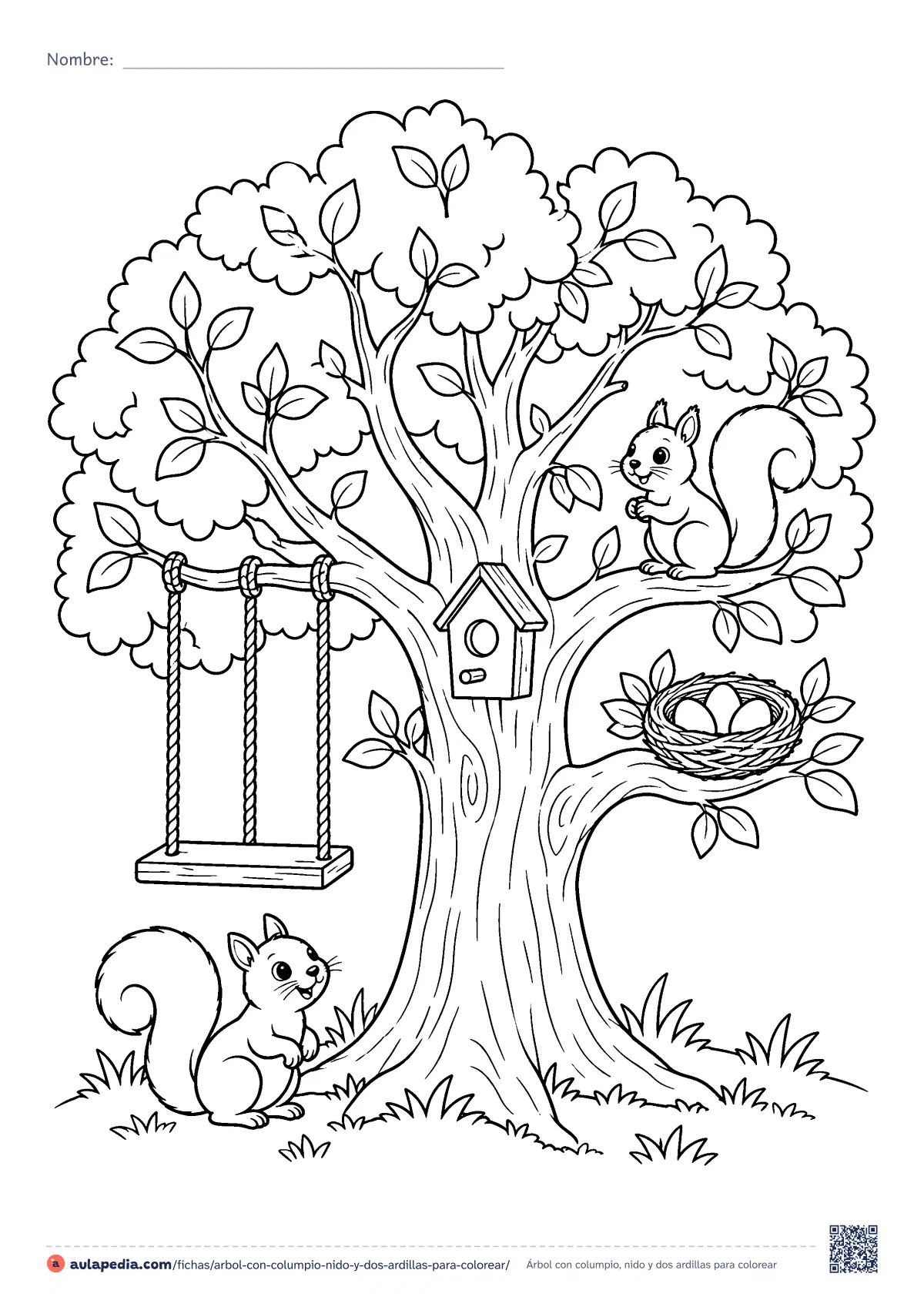 Primera página de la ficha «Árbol con columpio, nido y dos ardillas»: un árbol con columpio, casita para pájaros, un nido con tres huevos y dos ardillas. Dibujo de dificultad media para colorear.