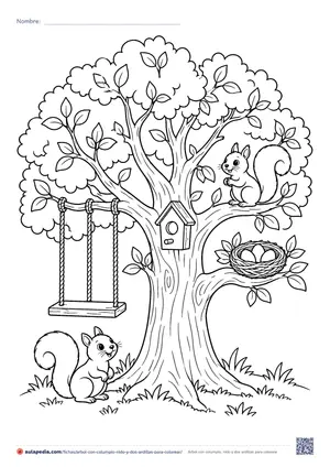 Vista previa de «Árbol con columpio, nido y dos ardillas»