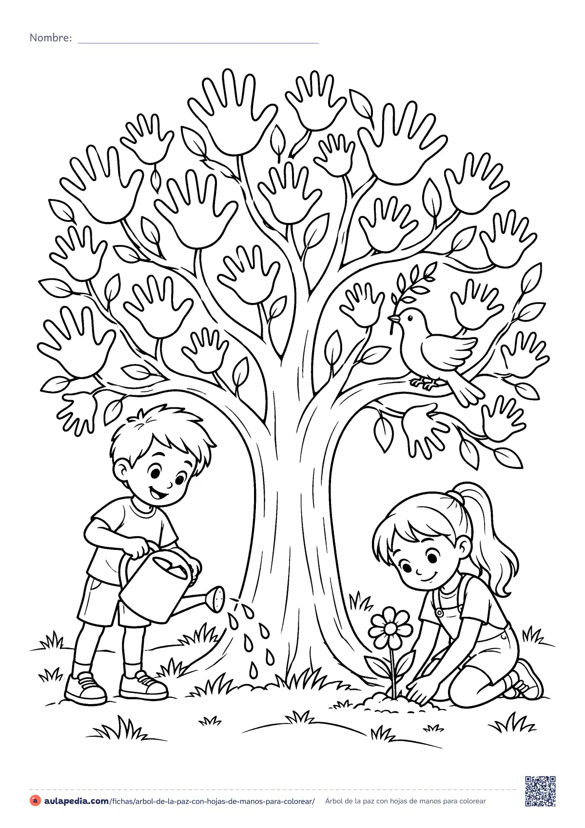 Primera página de la ficha «Árbol de la paz con hojas de manos»: un árbol cuyas hojas son manos abiertas, con una paloma en una rama y dos niños que lo riegan y plantan una flor. Para.