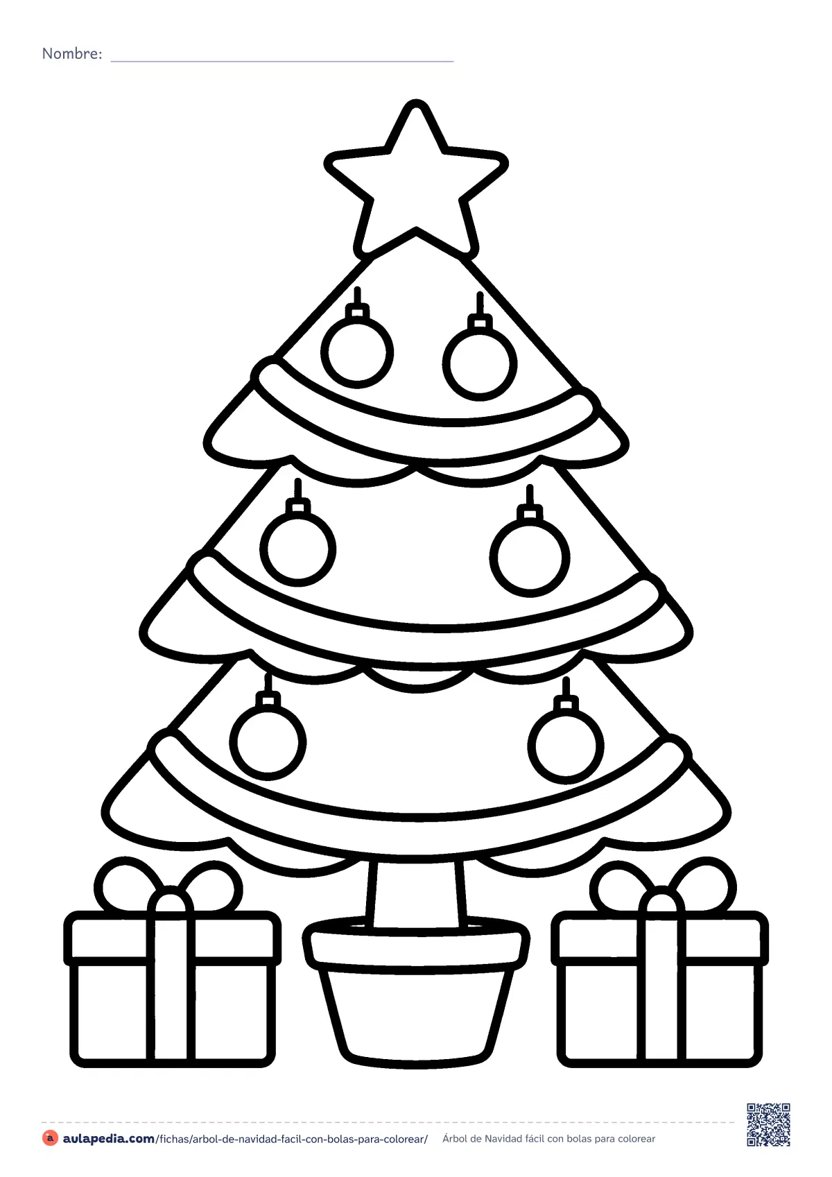 Primera página de la ficha «Árbol de Navidad fácil con bolas»: árbol de Navidad de tres pisos con estrella, seis bolas, guirnaldas, maceta y dos regalos. Lámina muy fácil.