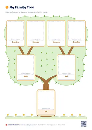 Plantilla «En inglés (family tree)»: Family tree para imprimir: el árbol genealógico en inglés con Me, Mom, Dad, Grandma y Grandpa, y en la herramienta, Mum, Gran y Grandad.