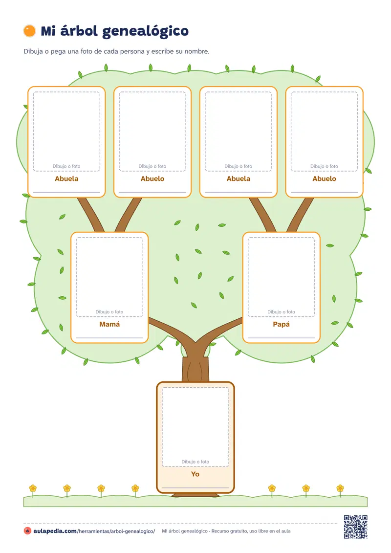 Vista previa de la plantilla de partida: árbol genealógico ilustrado con «yo» en el tronco, mamá y papá en las ramas y dos abuelas y dos abuelos en la copa