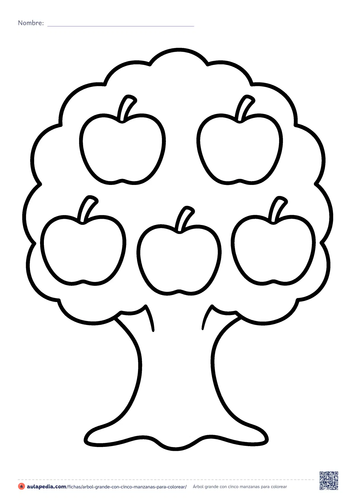 Primera página de la ficha «Árbol grande con cinco manzanas»: un manzano de copa redonda con cinco manzanas grandes, dos arriba y tres abajo, para contar y sumar. Lámina fácil.