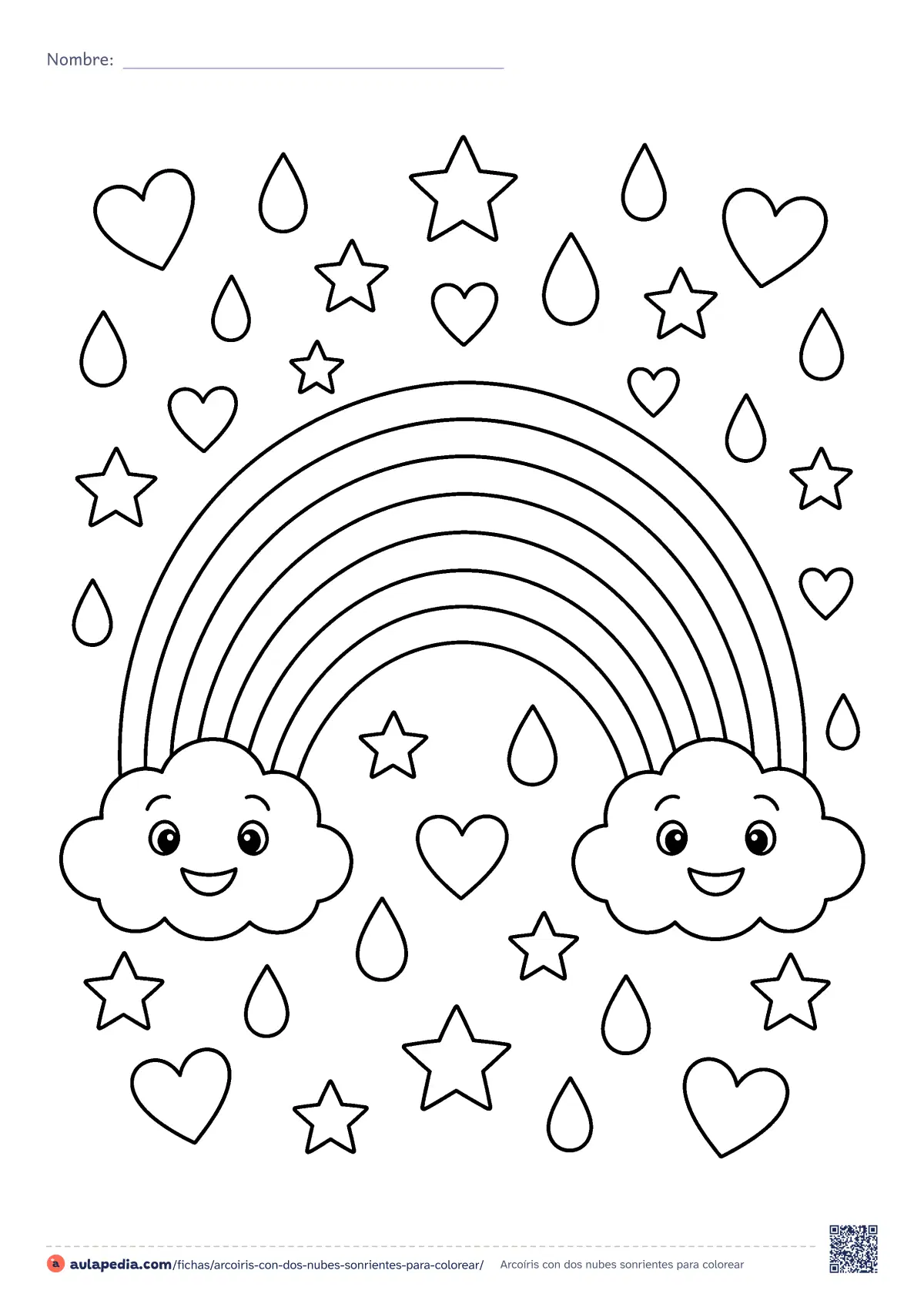 Primera página de la ficha «Arcoíris con dos nubes sonrientes»: un arcoíris de siete franjas entre dos nubes con carita, rodeado de gotas, estrellas y corazones. Dibujo de dificultad media.
