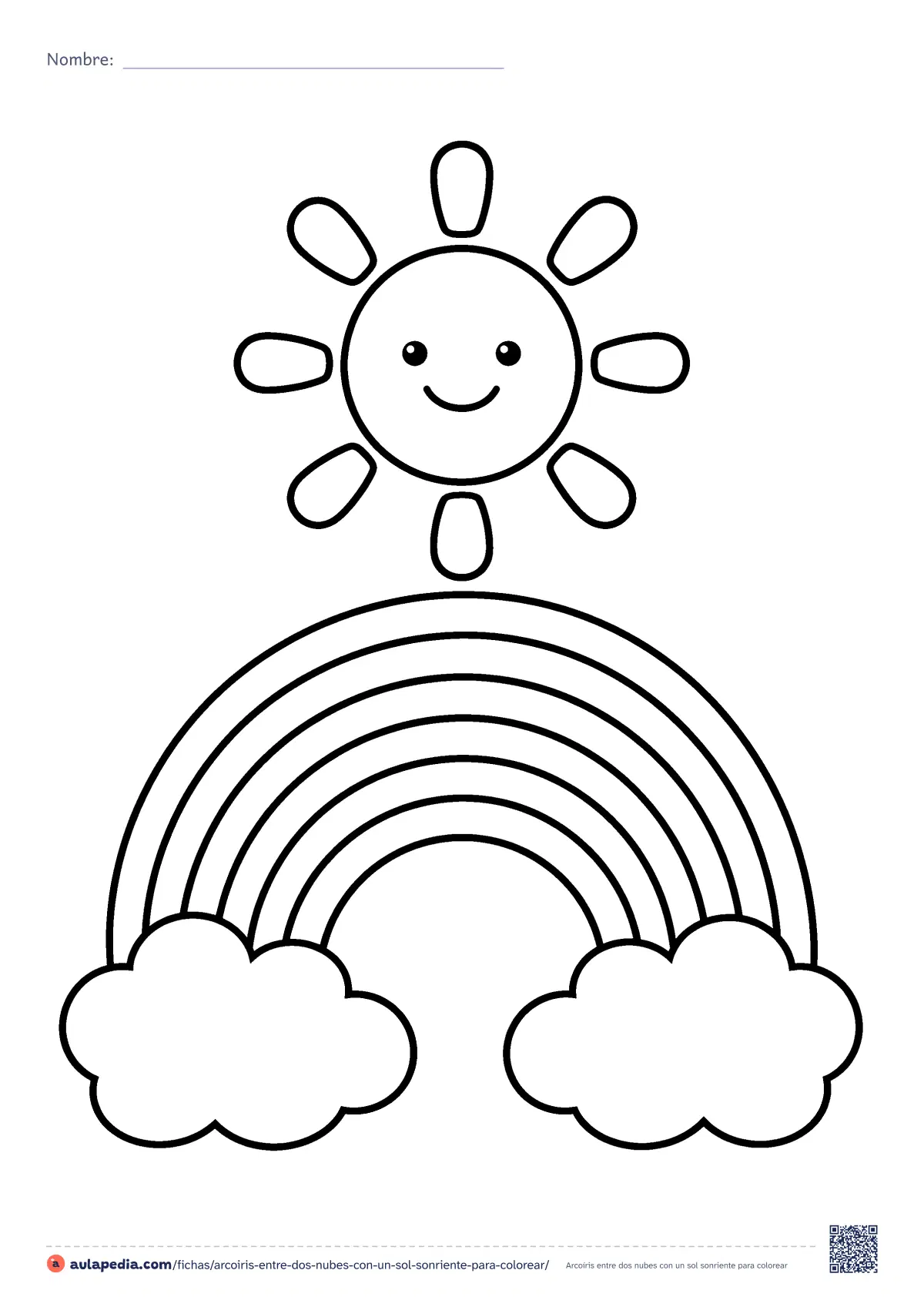 Primera página de la ficha «Arcoíris entre dos nubes con un sol sonriente»: un arcoíris de seis franjas anchas entre dos nubes, con un sol sonriente de ocho rayos. Dibujo muy fácil para aprender los colores.