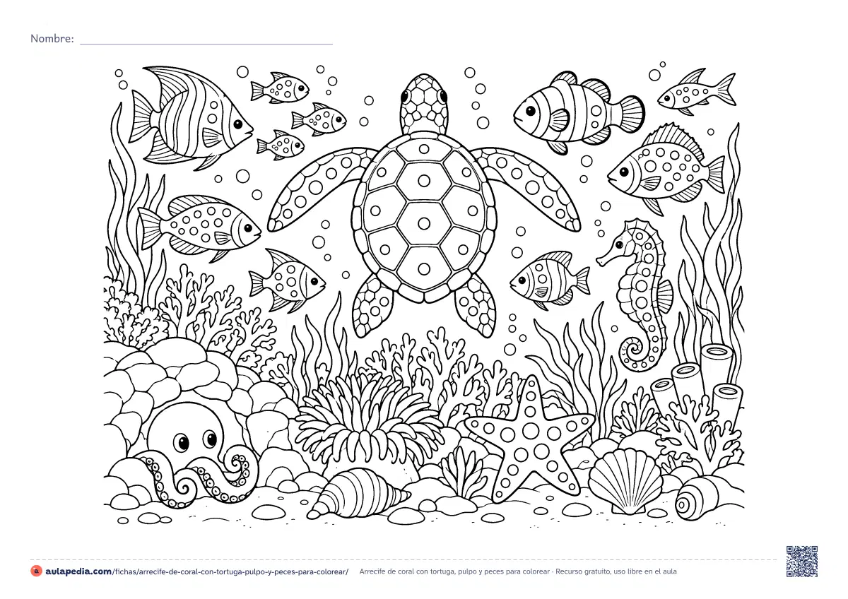 Primera página de la ficha «Arrecife de coral con tortuga, pulpo y peces»: un arrecife con una tortuga marina, diez peces, caballito de mar, estrella de mar y un pulpo en su cueva, entre corales y algas. Dibujo detallado.