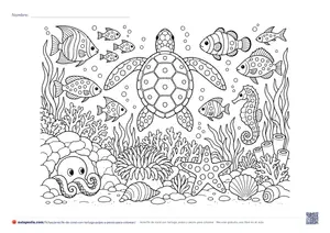 Vista previa de «Arrecife de coral con tortuga, pulpo y peces»