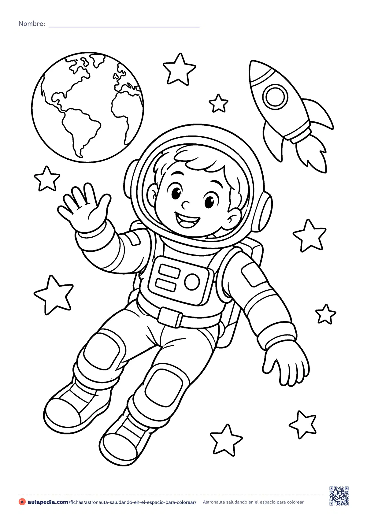 Primera página de la ficha «Astronauta saludando en el espacio»: un astronauta flota y saluda con su traje espacial, con la Tierra, un cohete y estrellas detrás. Dibujo de dificultad media.