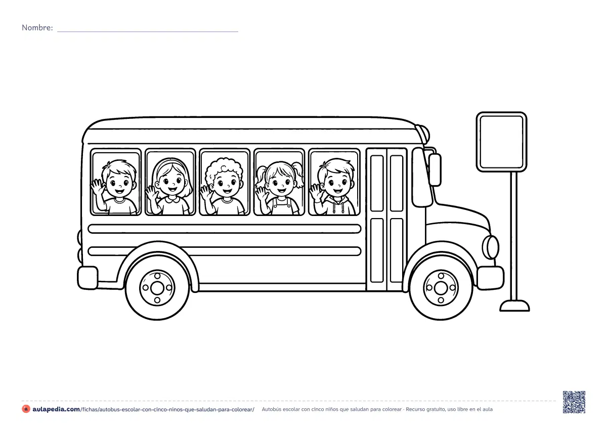Primera página de la ficha «Autobús escolar con cinco niños que saludan»: cinco niños saludan desde las ventanillas de un autobús escolar detenido en su parada. Hoja apaisada para colorear, de dificultad media.