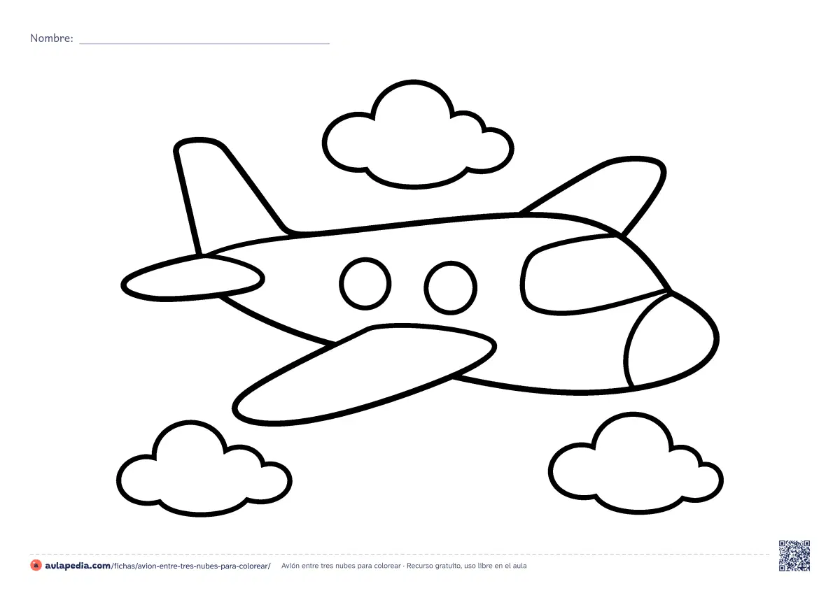 Primera página de la ficha «Avión entre tres nubes»: un avión de formas redondas vuela entre tres nubes. Dibujo fácil para colorear en hoja apaisada, con trazo grueso y zonas grandes.