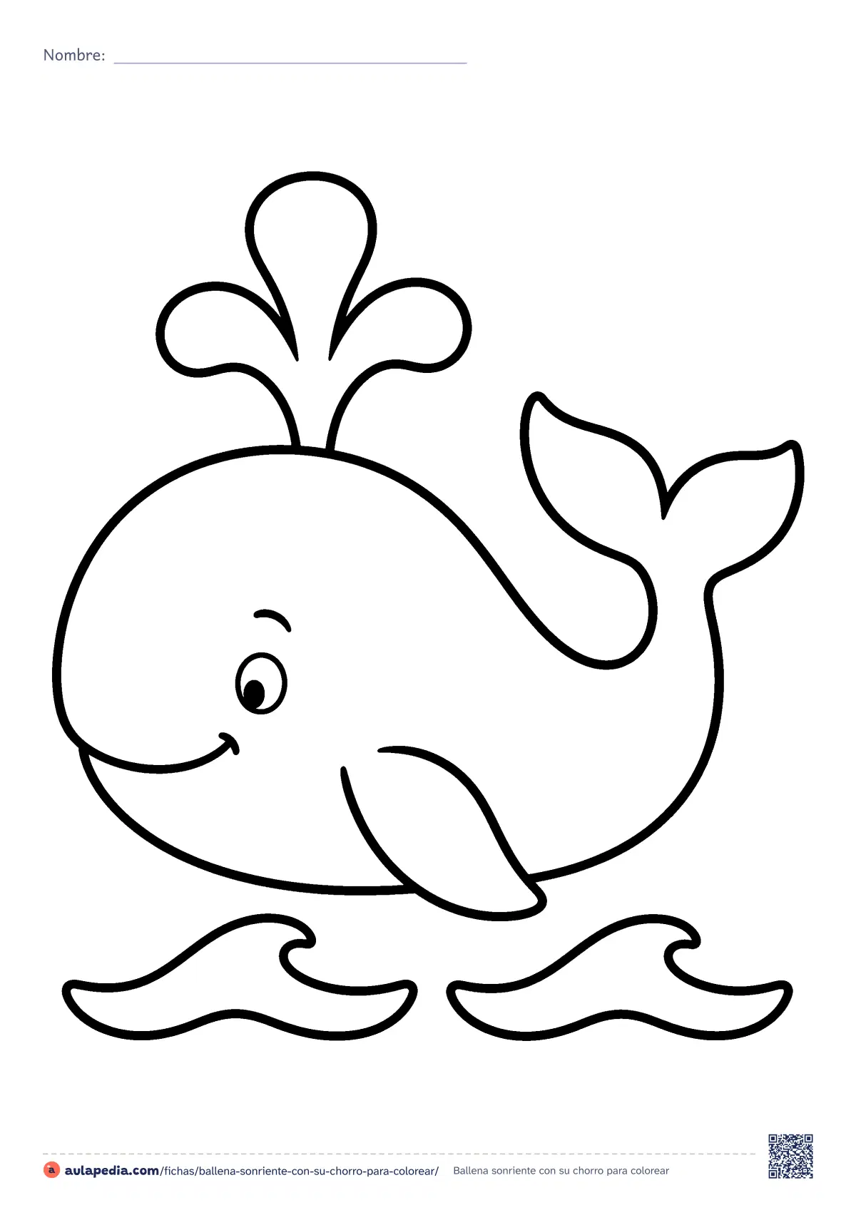 Primera página de la ficha «Ballena sonriente con su chorro»: una ballena redonda y sonriente lanza su chorro sobre dos olas. Lámina de zonas grandes y contorno grueso para colorear.