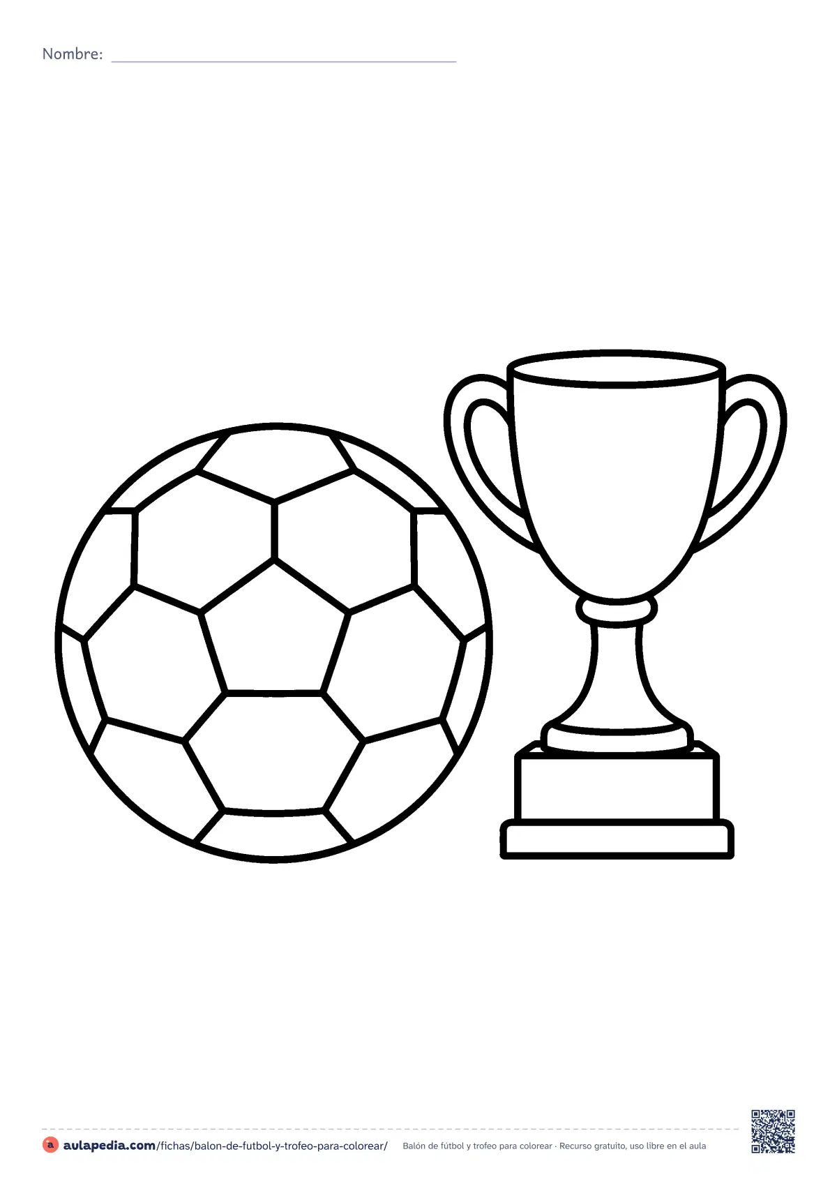 Primera página de la ficha «Balón de fútbol y trofeo»: un balón de fútbol con sus pentágonos y hexágonos y una copa de trofeo con dos asas. Dibujo fácil para colorear, de contorno grueso.