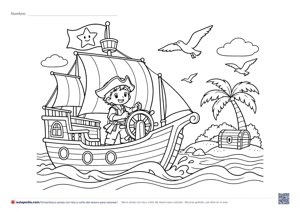 Primera página de la ficha «Barco pirata con isla y cofre del tesoro»: un niño pirata lleva el timón de un barco de tres velas frente a una isla con palmera y cofre. Hoja apaisada para colorear, de dificultad media.