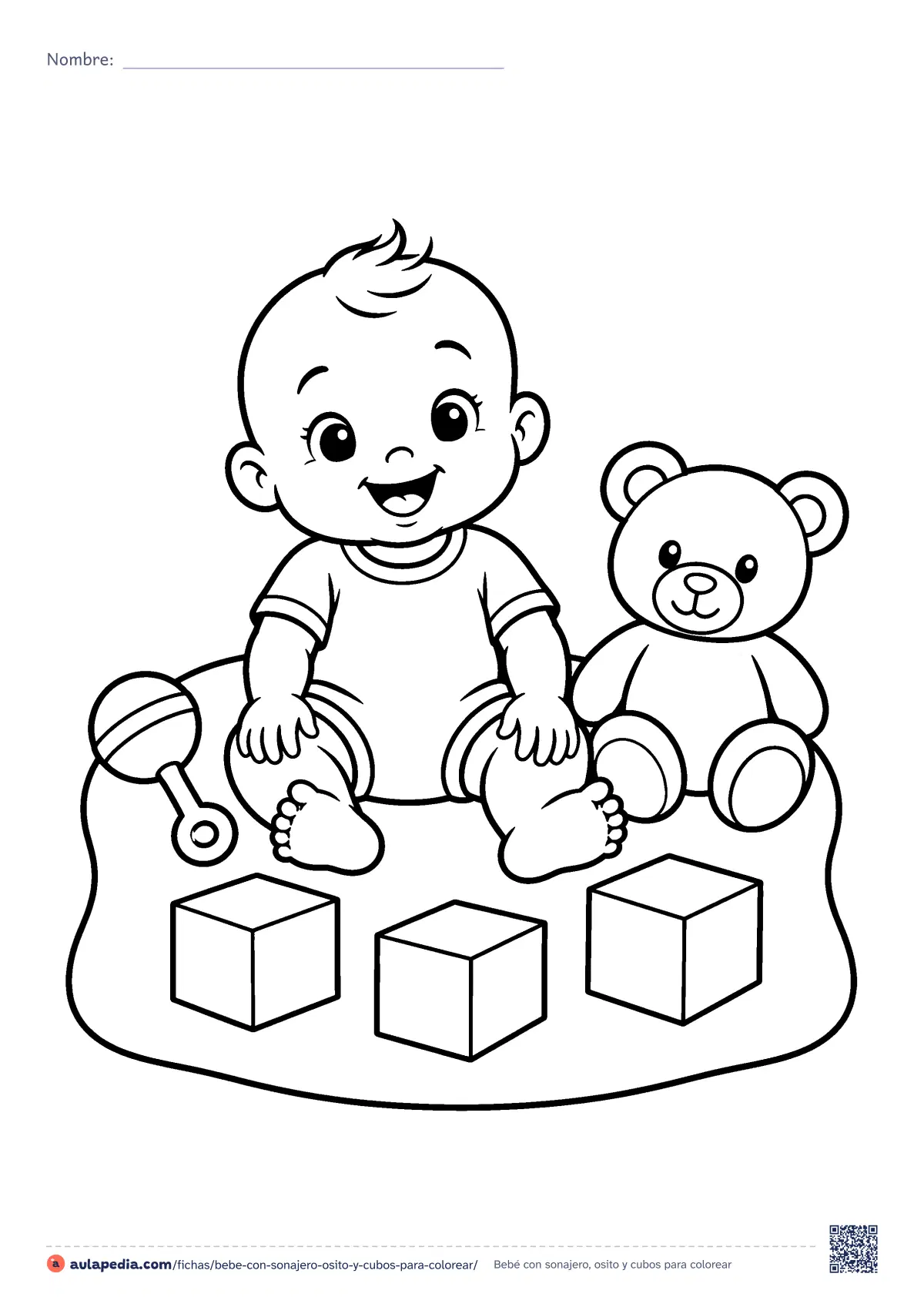 Primera página de la ficha «Bebé con sonajero, osito y cubos»: un bebé sentado en su manta con un sonajero, un osito de peluche y tres cubos. Dibujo fácil para colorear, de contorno grueso;.