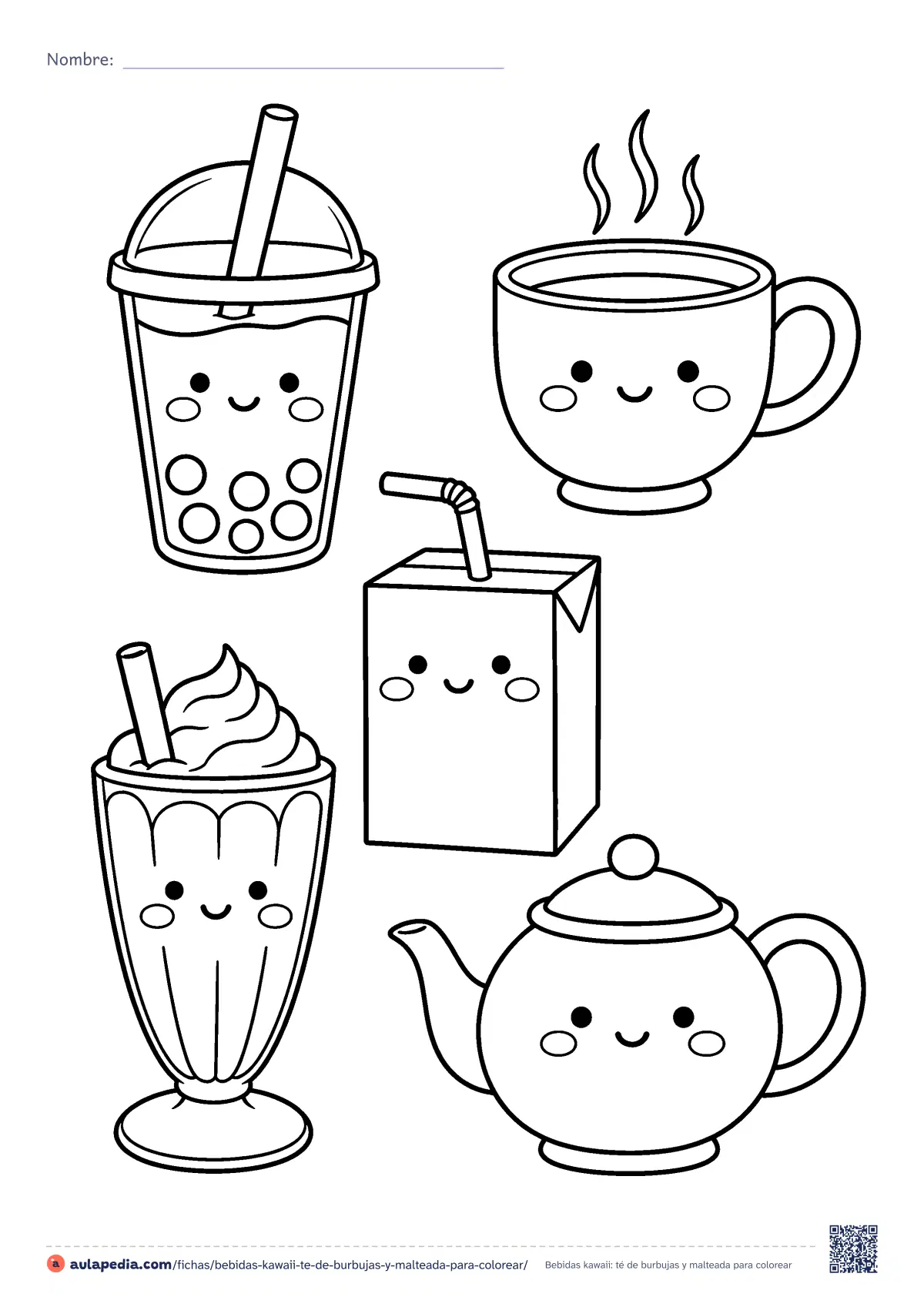 Primera página de la ficha «Bebidas kawaii: té de burbujas y malteada»: té de burbujas, taza humeante, jugo de cajita, malteada y tetera. Dibujo de dificultad media para colorear.