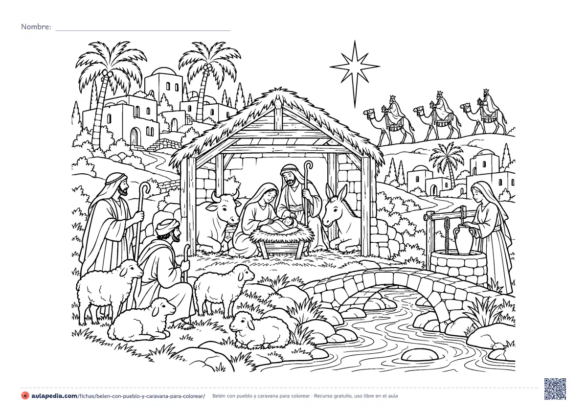 Primera página de la ficha «Belén con pueblo y caravana»: establo con la Sagrada Familia, pastores y ovejas, un pozo, un puente sobre el arroyo y los Reyes Magos al fondo.