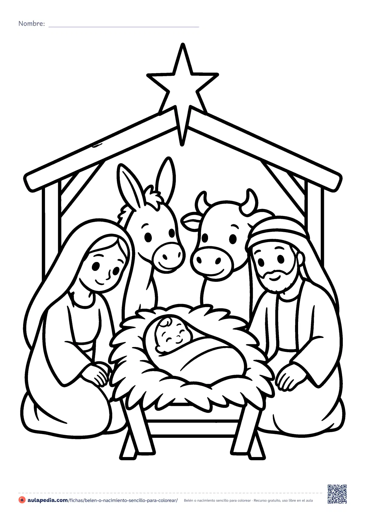 Primera página de la ficha «Belén o nacimiento sencillo»: maría y José junto al Niño en el pesebre, con un burro, un buey y una estrella sobre el tejado. Fácil.