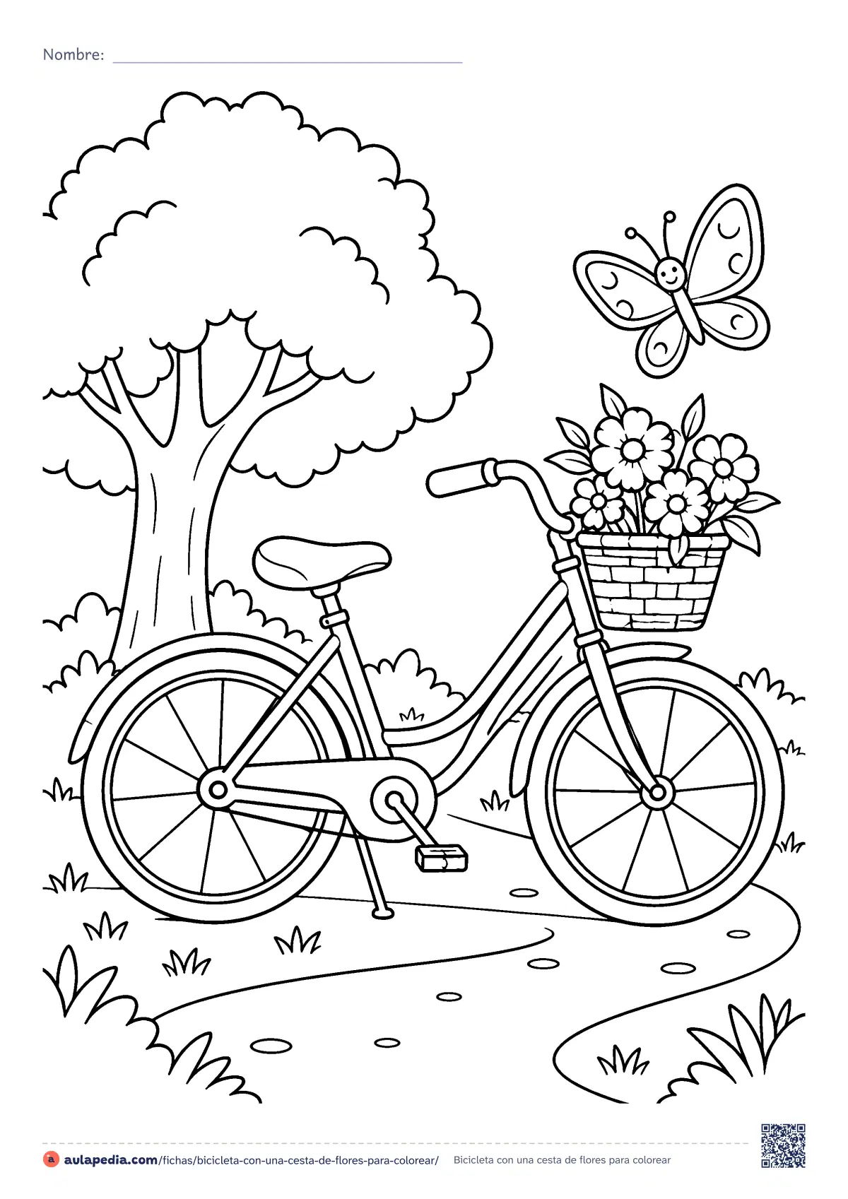Primera página de la ficha «Bicicleta con una cesta de flores»: una bicicleta de paseo con la cesta llena de flores, parada en un camino junto a un árbol y una mariposa. Dibujo de dificultad media para colorear.
