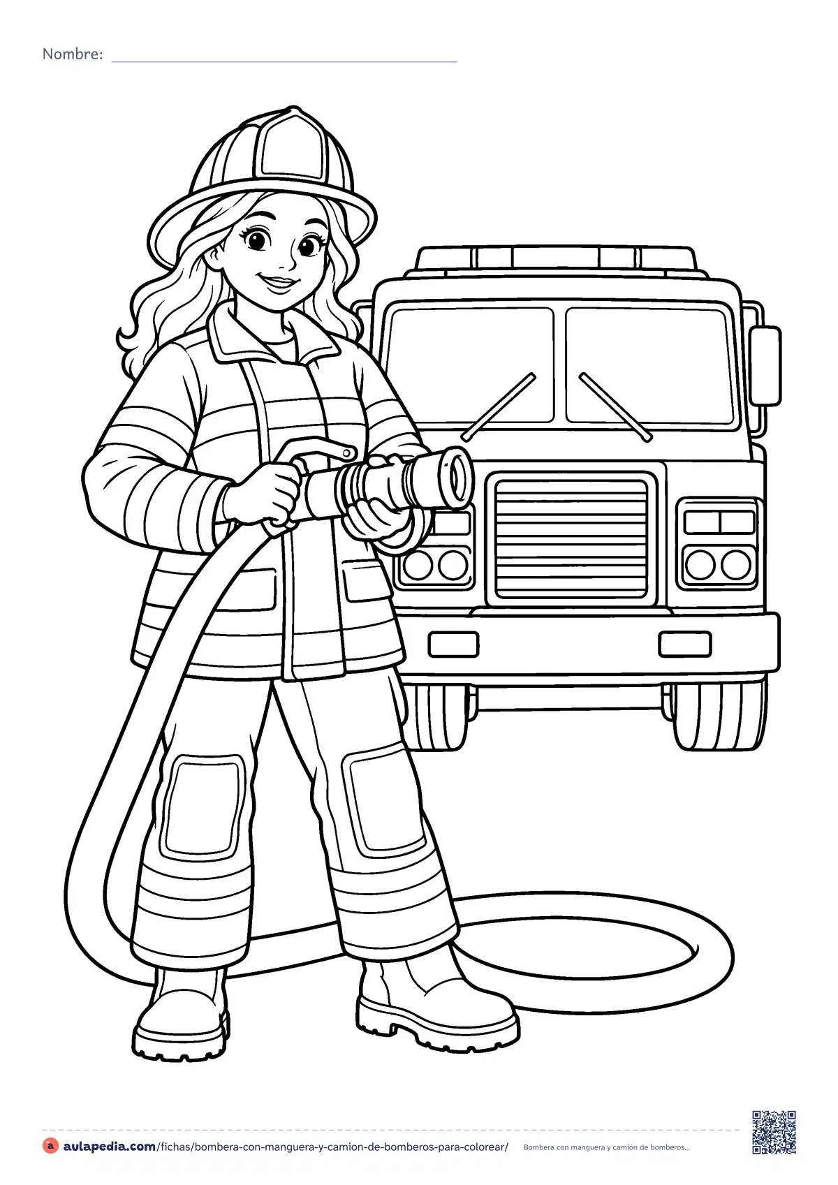 Primera página de la ficha «Bombera con manguera y camión de bomberos»: una bombera con casco, chaquetón y botas sujeta la manguera delante de su camión. Dibujo de dificultad media para colorear.