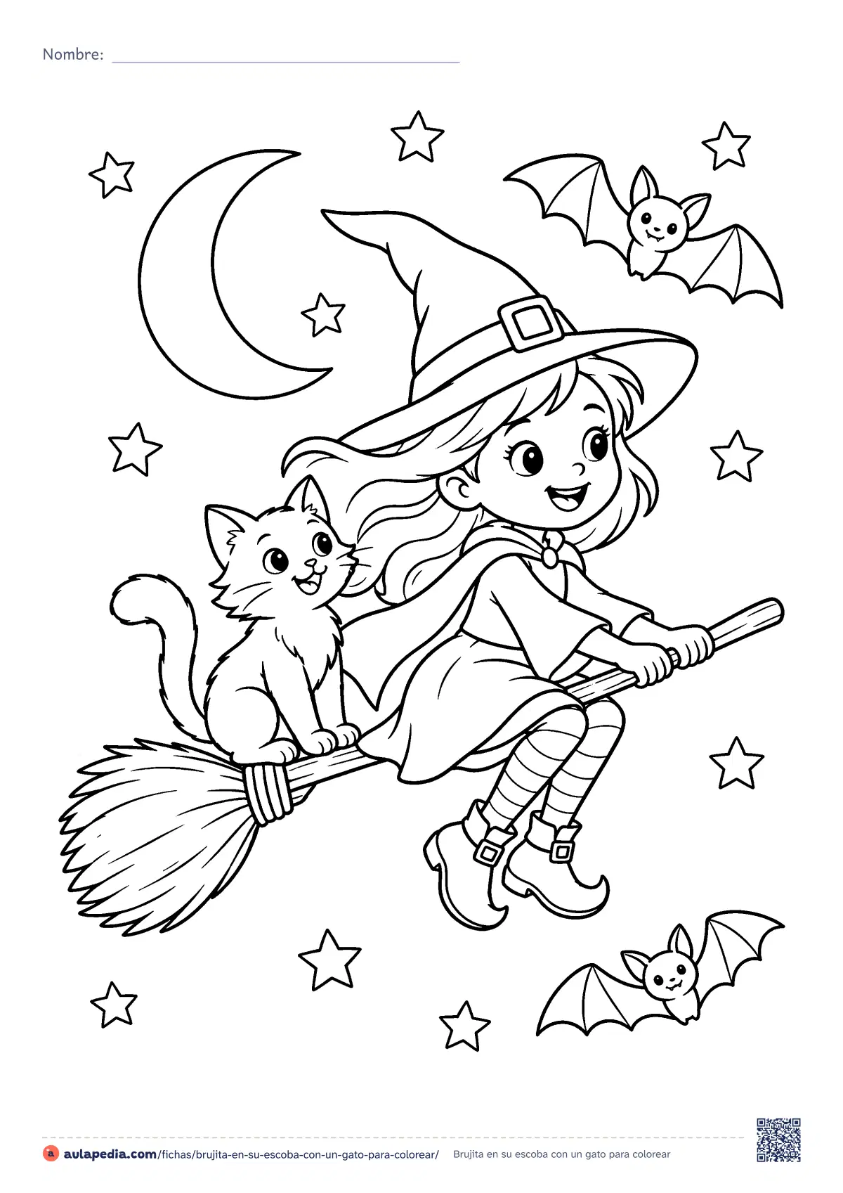 Primera página de la ficha «Brujita en su escoba con un gato»: una niña disfrazada de bruja vuela en su escoba con un gato detrás, entre la luna, las estrellas y dos murciélagos. Dificultad media.