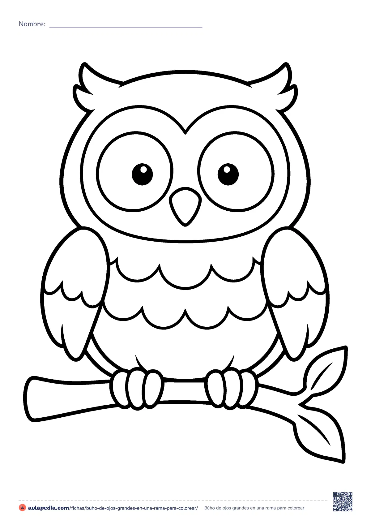 Primera página de la ficha «Búho de ojos grandes en una rama»: un búho de ojos enormes y plumas en forma de onda, posado de frente en una rama. Dibujo fácil de contorno grueso para colorear.