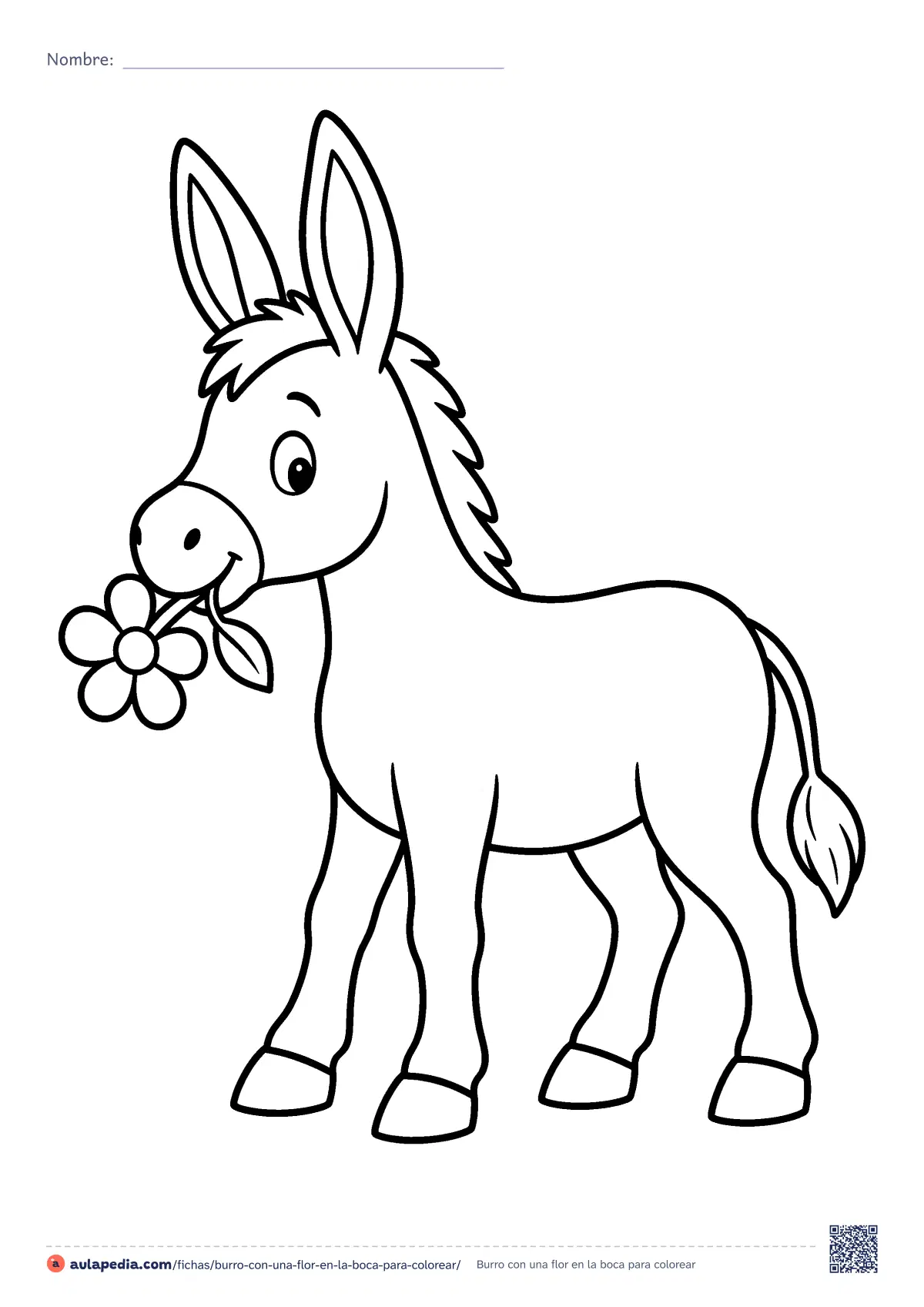 Primera página de la ficha «Burro con una flor en la boca»: un burro de pie, de orejas muy largas, lleva una flor en la boca. Lámina sencilla y de trazo grueso para colorear e imprimir.