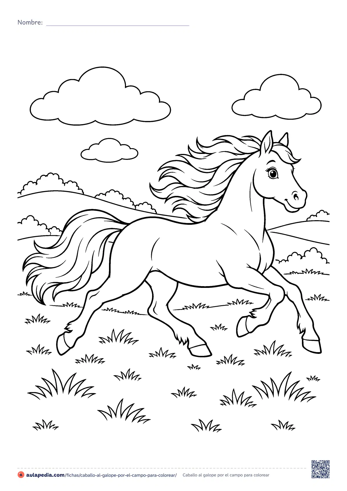 Primera página de la ficha «Caballo al galope por el campo»: un caballo galopa por un prado con la crin y la cola al viento, entre colinas y nubes. Dibujo para colorear e imprimir gratis.
