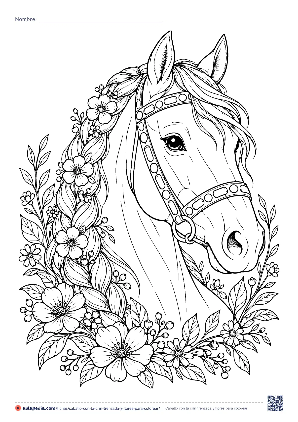 Primera página de la ficha «Caballo con la crin trenzada y flores»: la cabeza de un caballo con la crin recogida en una trenza con flores, una cabezada con adornos y un marco de flores silvestres. Para colorear con detalle.