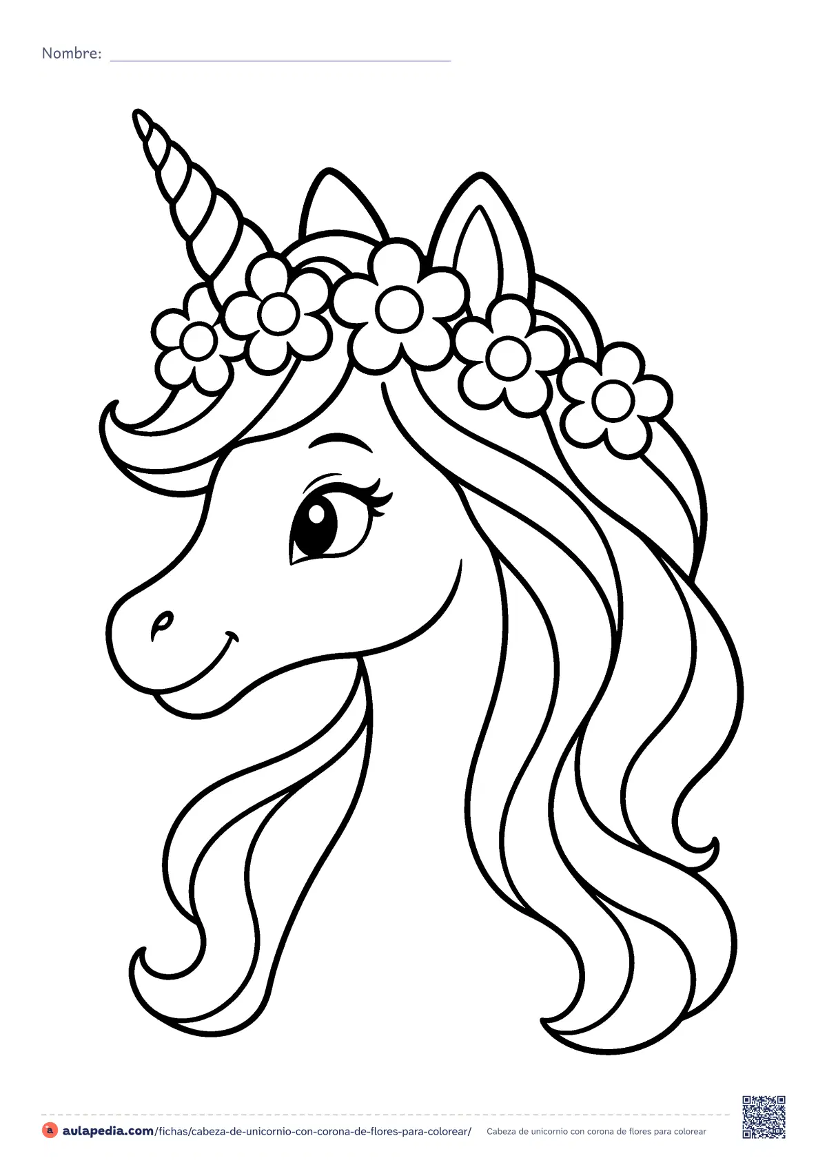 Primera página de la ficha «Cabeza de unicornio con corona de flores»: la cabeza de un unicornio de perfil, con una corona de cinco flores y la crin larga y ondulada. Dibujo de trazo grueso para colorear.
