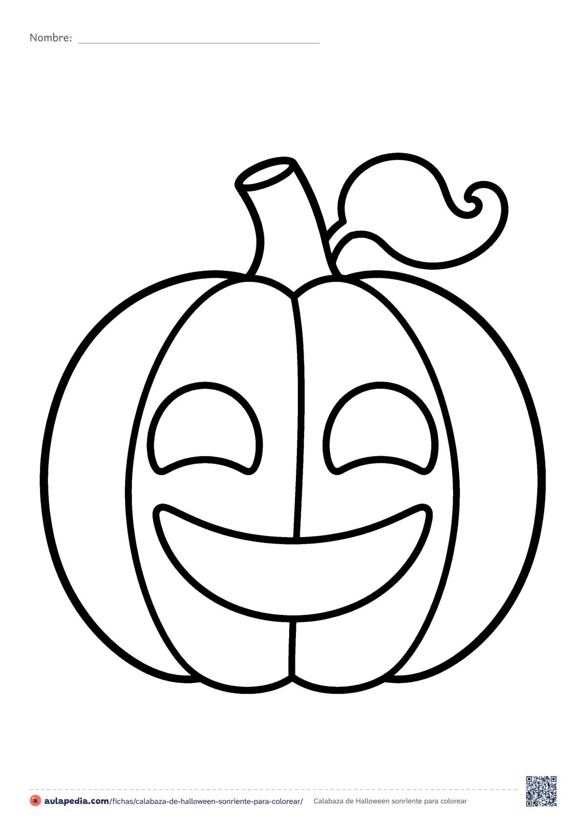 Primera página de la ficha «Calabaza de Halloween sonriente»: una calabaza grande con los ojos risueños, una sonrisa ancha, su rabito y una hoja rizada. Dibujo muy fácil para colorear en Halloween o en otoño.
