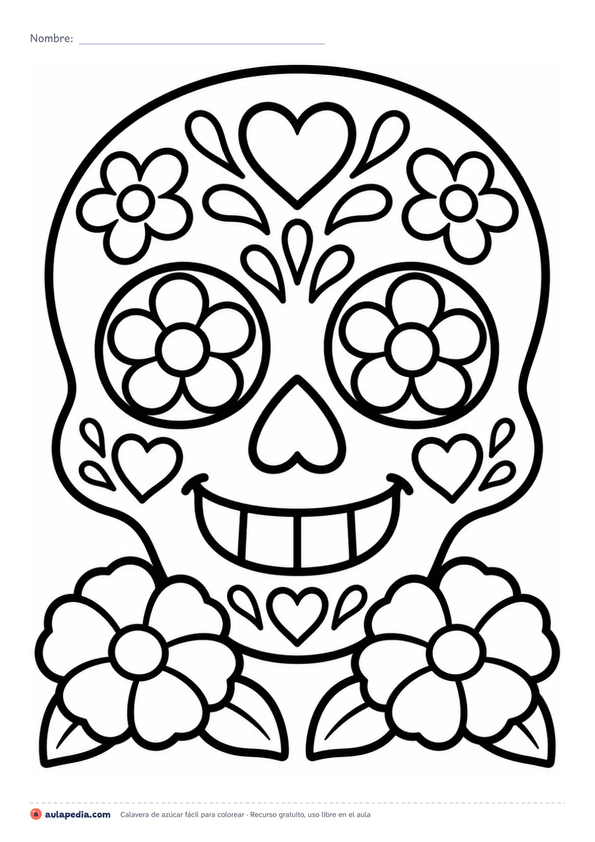 Primera página de la ficha «Calavera de azúcar fácil»: calavera de azúcar sonriente con flores grandes y dos cempasúchiles para colorear. Lámina fácil de Día de Muertos para preescolar.